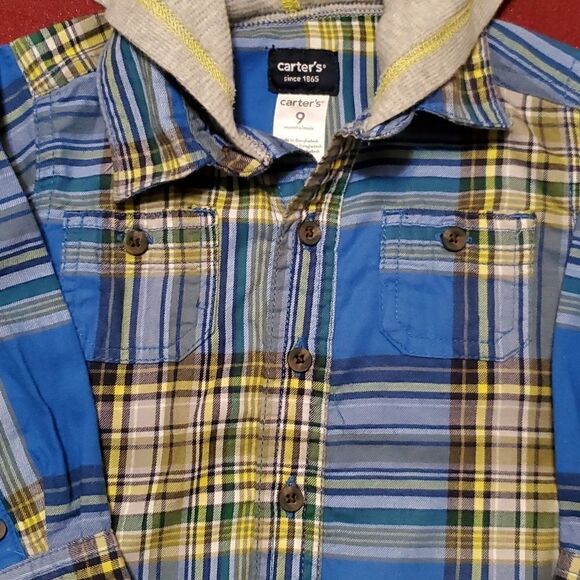 Carter's Plaid Button Down Hoodie Shirt & Elastic Waist Pants Sz 9M - Picture 12 of 12